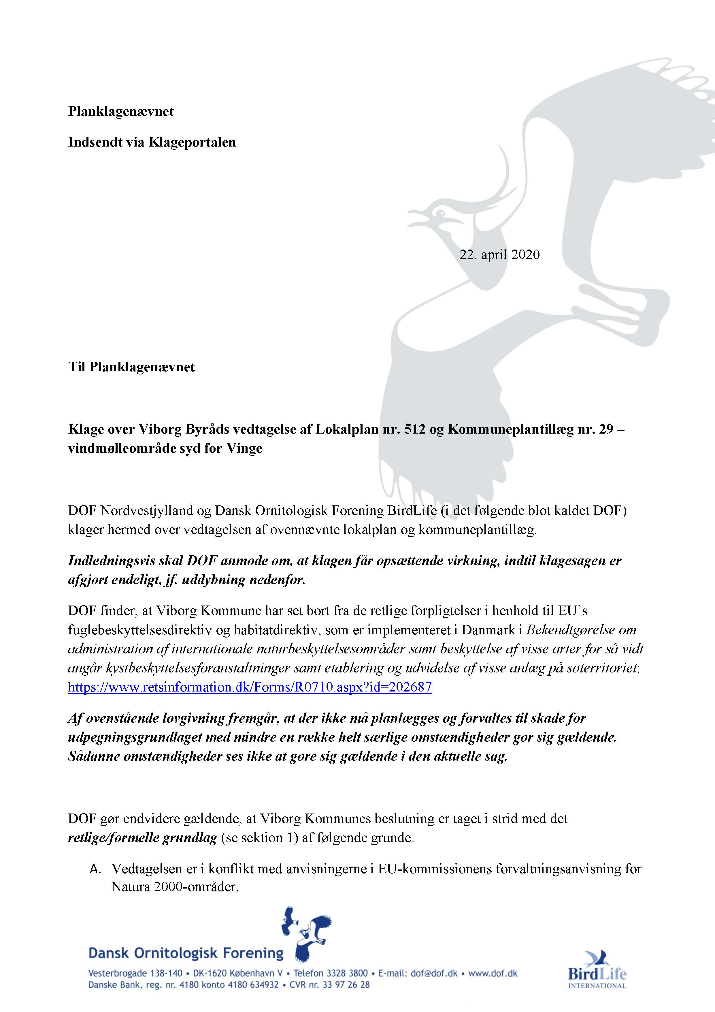 Klage Vinge Vindmoller Viborg Kommune 2020 04 22 DOF BirdLife 005 Side 1