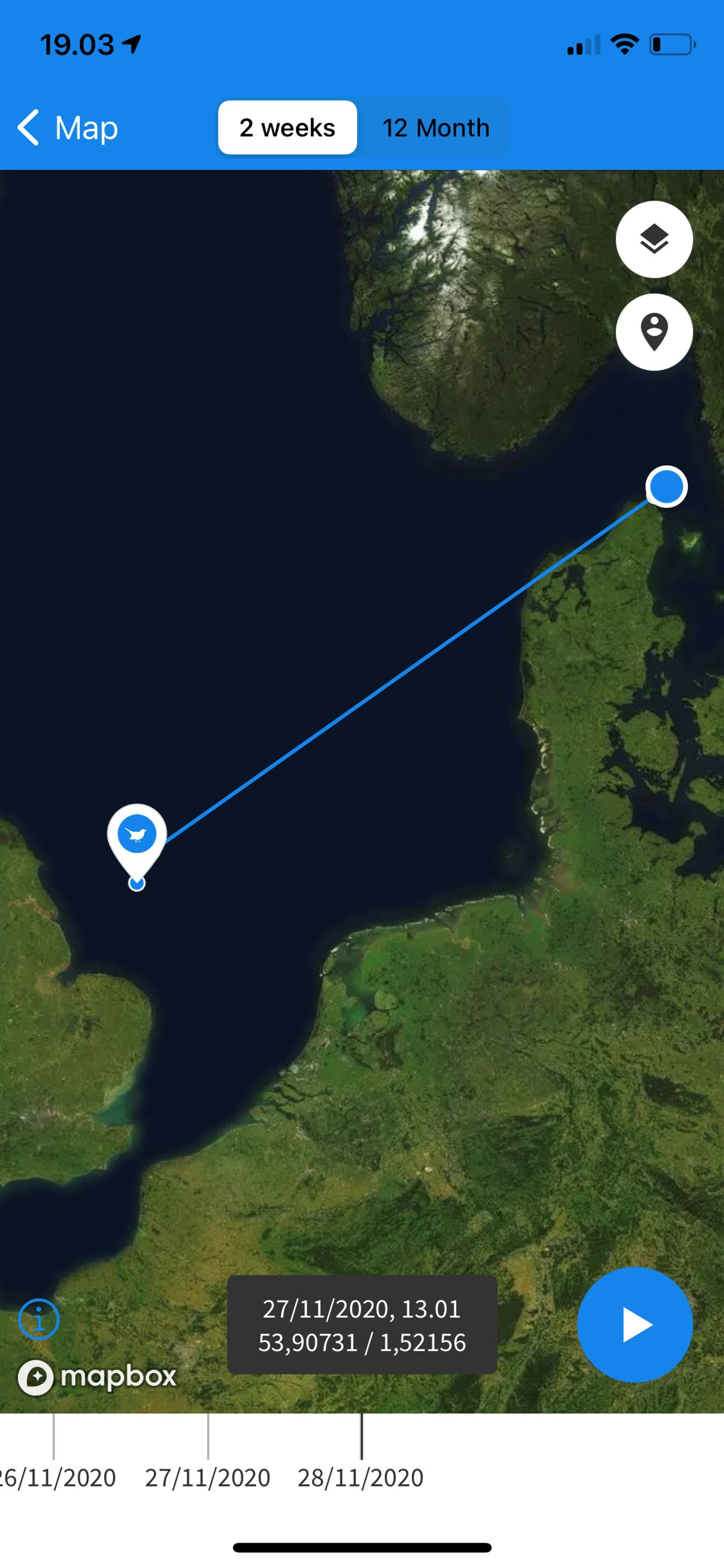 Solsort ringmaerket i Skagen floj over Nordsoen mod England