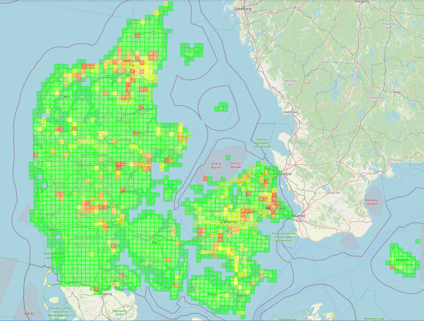 I de gule rode og orange felter er der lavet spontantaellinger de seneste 30 dage